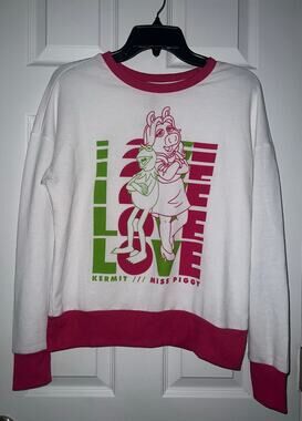Disney Park Muppets LOVE Kermit Miss Piggy Pink & Green Long-Sleeved Sz M Shirt